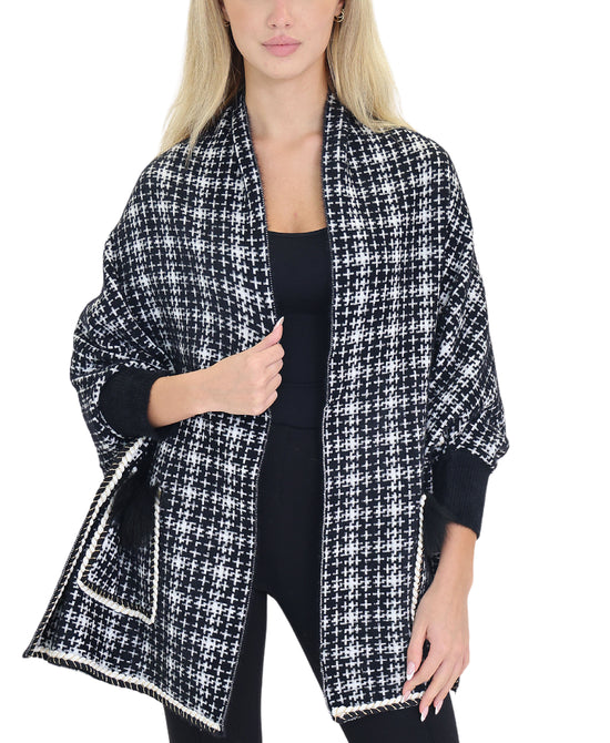 Plaid Wrap w/ Shimmer Detail & Fox Fur Trim Pockets view 