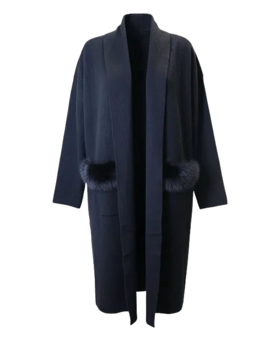 Knit Duster w/ Fox Fur Trim Pockets view 