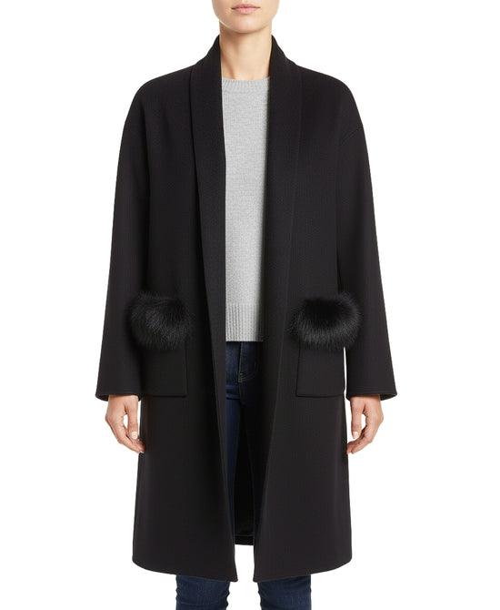 Knit Duster w/ Fox Fur Trim Pockets view 