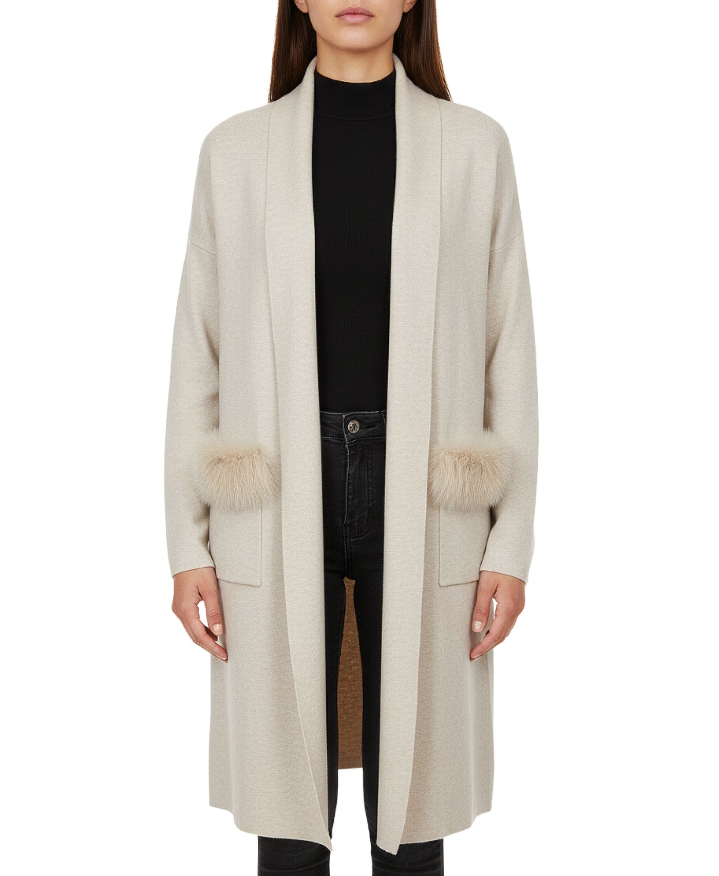 Knit Duster w/ Fox Fur Trim Pockets view 1