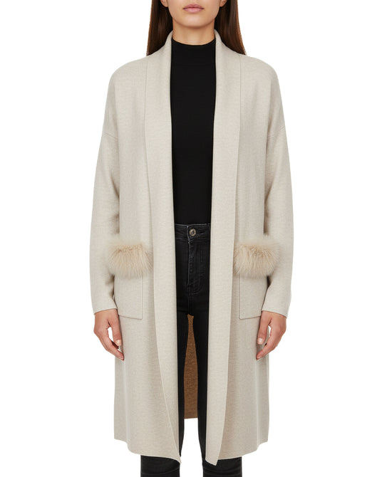 Knit Duster w/ Fox Fur Trim Pockets view 