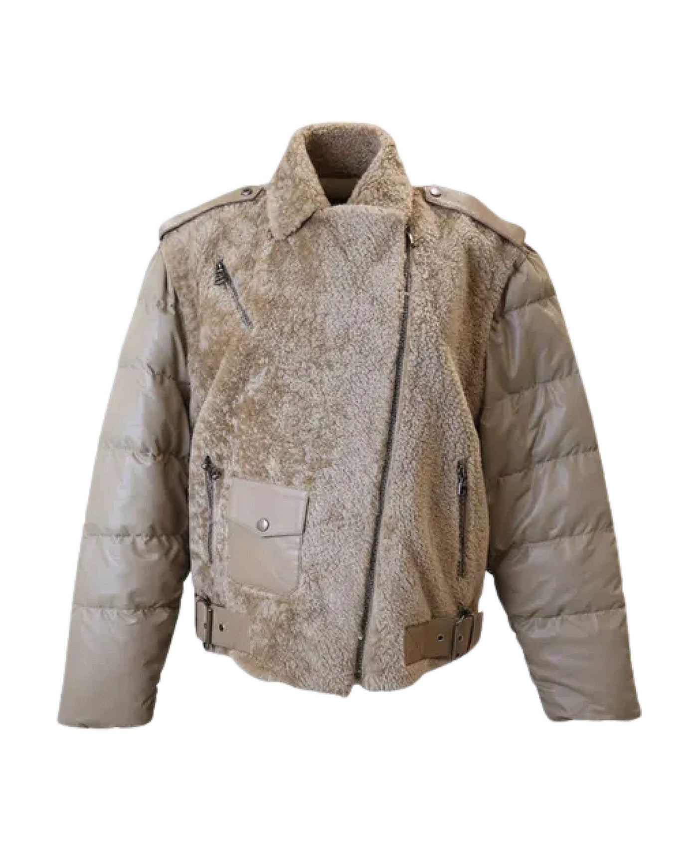 Shearling Moto Jacket w/ Puff Sleeves view 2