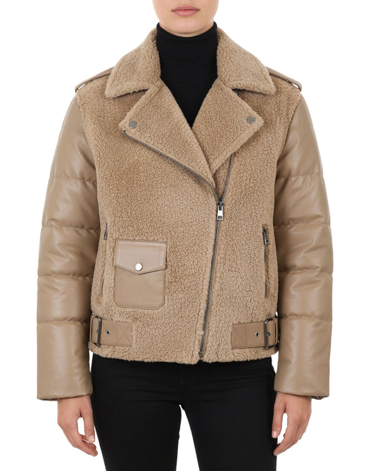 Shearling Moto Jacket w/ Puff Sleeves view 