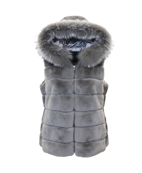 Fur & Puffer Vest w/ Fox Fur Trim Hood view 