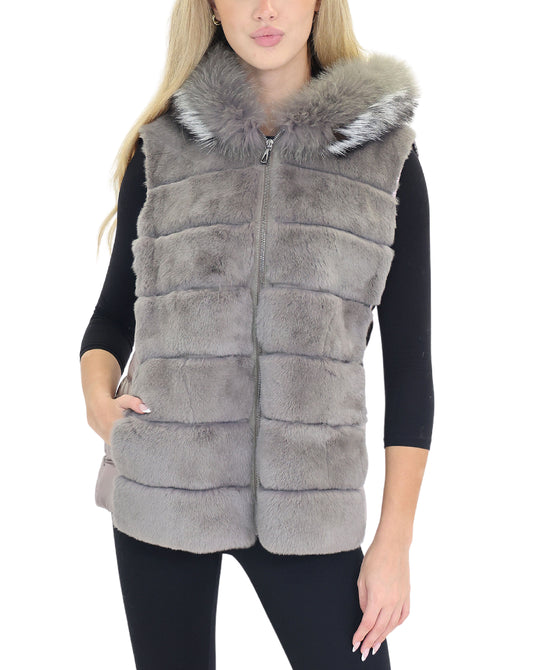 Fur & Puffer Vest w/ Fox Fur Trim Hood view 