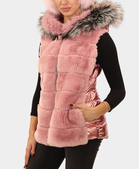 Fur & Puffer Vest w/ Fox Fur Trim Hood view 