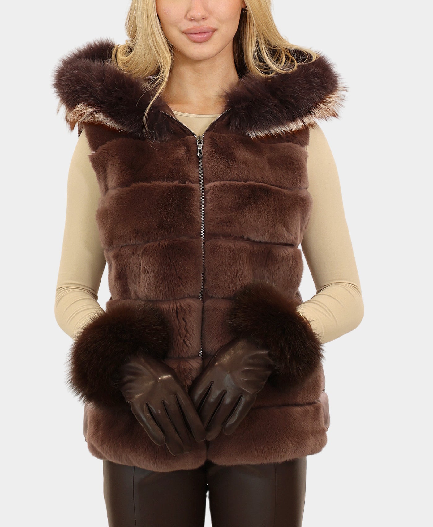 Fur & Puffer Vest w/ Fox Fur Trim Hood view 1