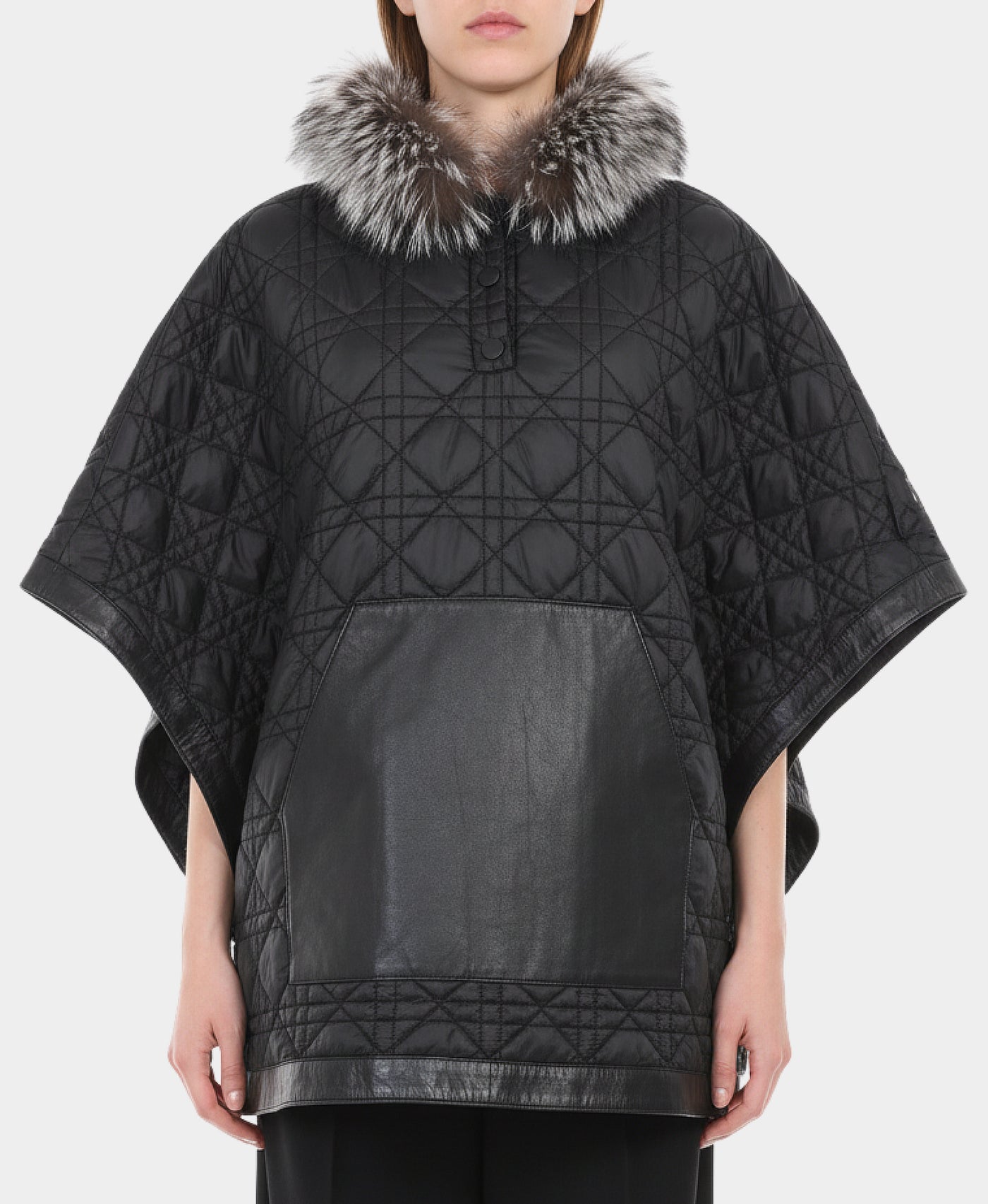 Diamond Quilted Poncho w/ Fox Trim Hood view 1