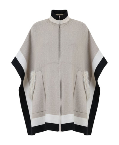 Colorblock Poncho w/ Fox Fur Trim Pockets image 2