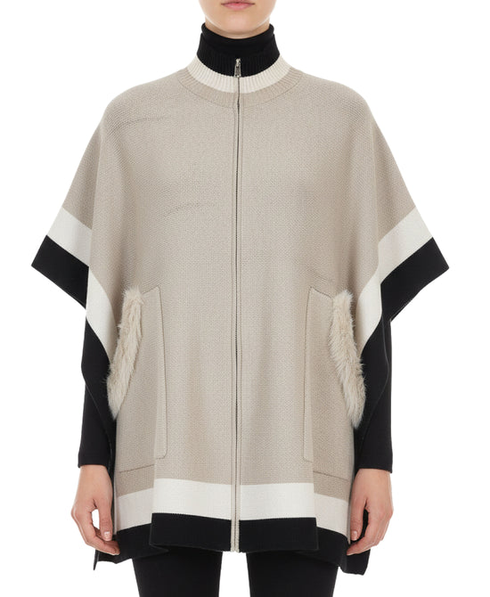 Colorblock Poncho w/ Fox Fur Trim Pockets view 