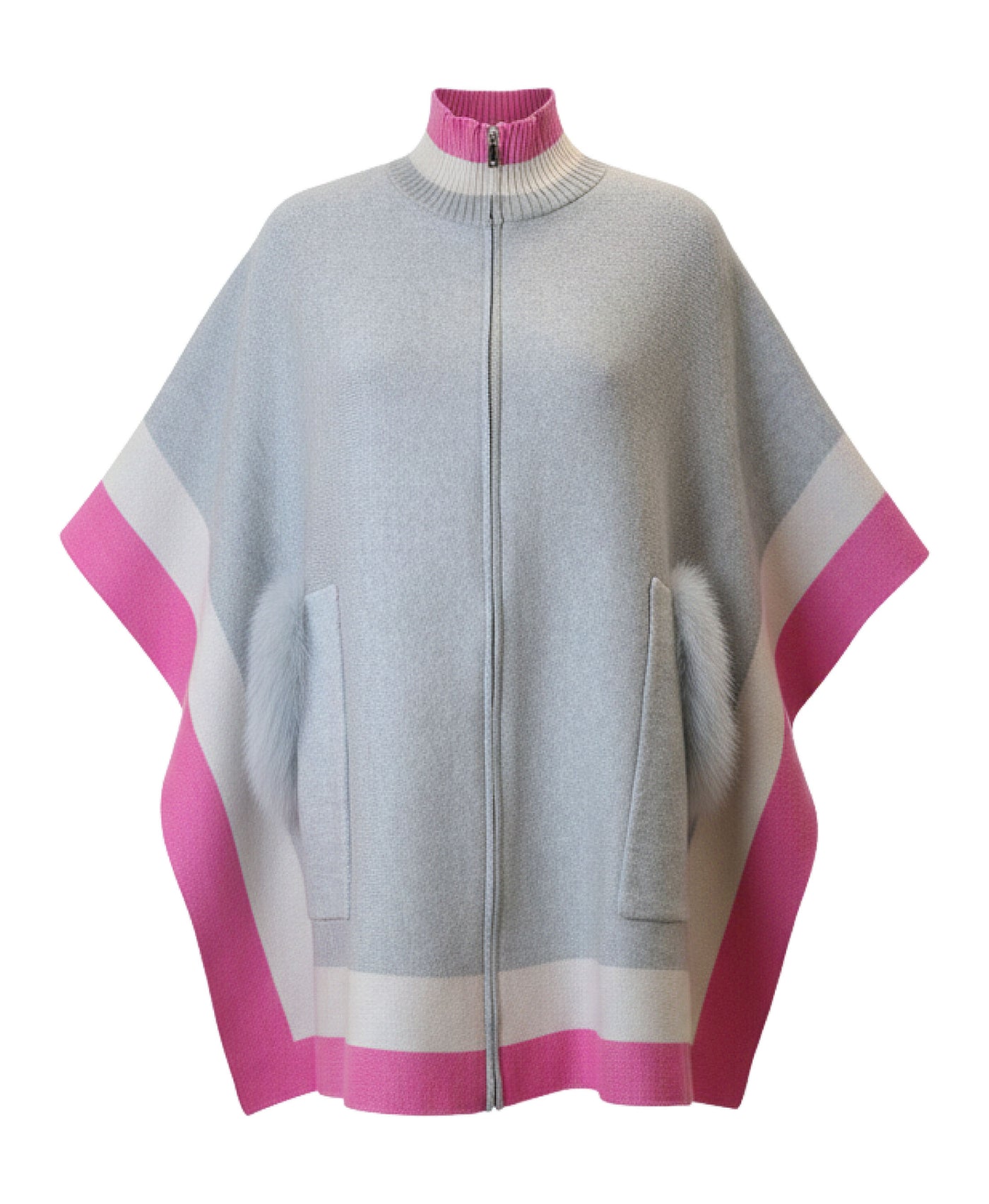 Colorblock Poncho w/ Fox Fur Trim Pockets view 2