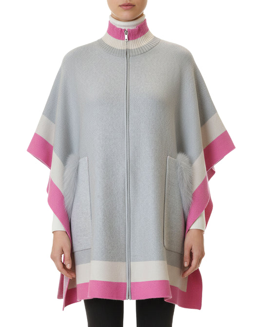 Colorblock Poncho w/ Fox Fur Trim Pockets view 