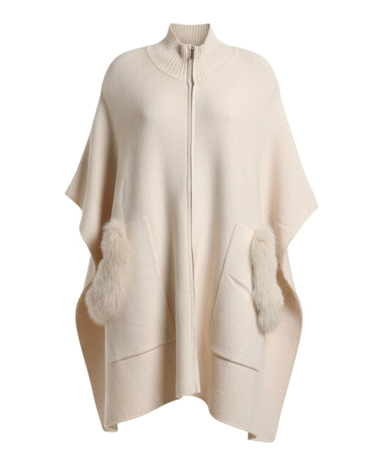 Solid Poncho w/ Fox Fur Trim Pockets view 