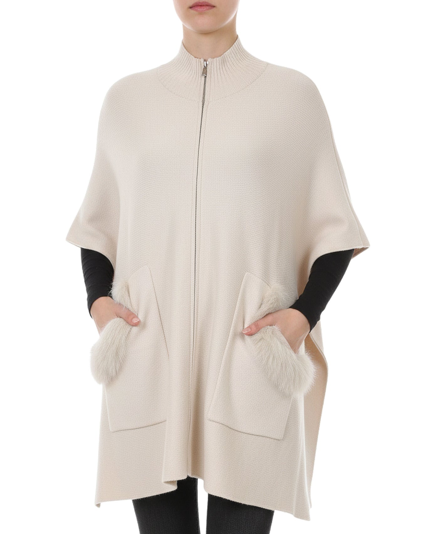 Solid Poncho w/ Fox Fur Trim Pockets view 1