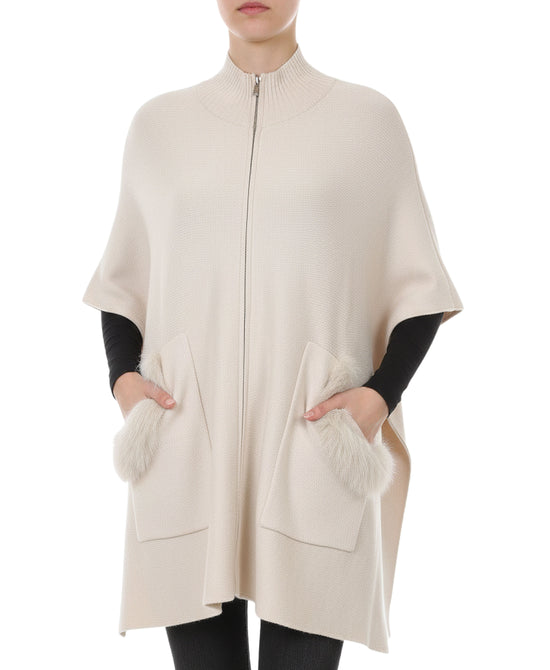 Solid Poncho w/ Fox Fur Trim Pockets view 