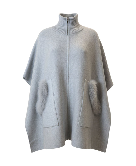Solid Poncho w/ Fox Fur Trim Pockets view 