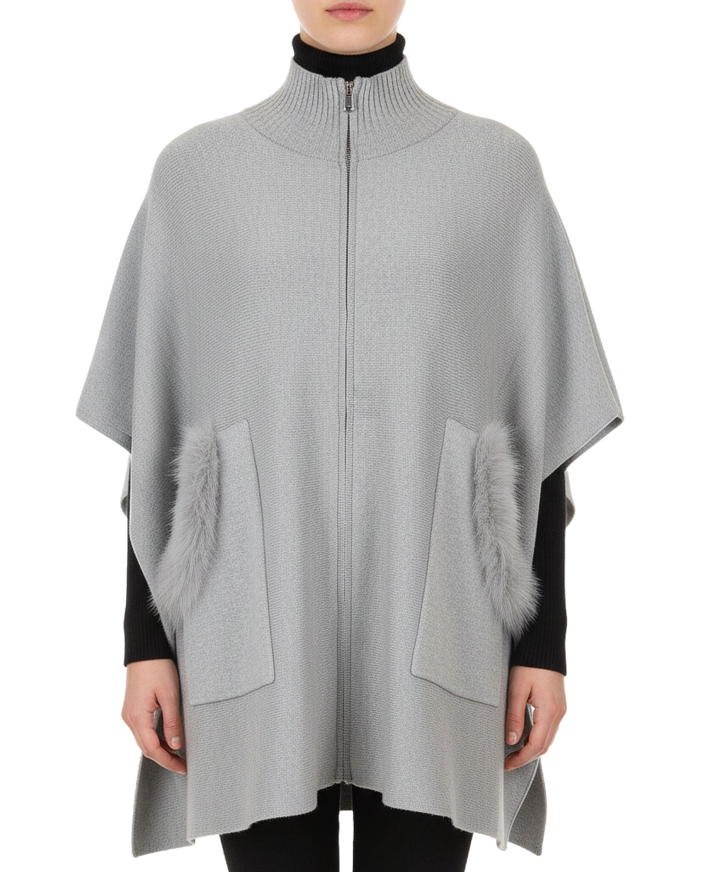 Solid Poncho w/ Fox Fur Trim Pockets view 1