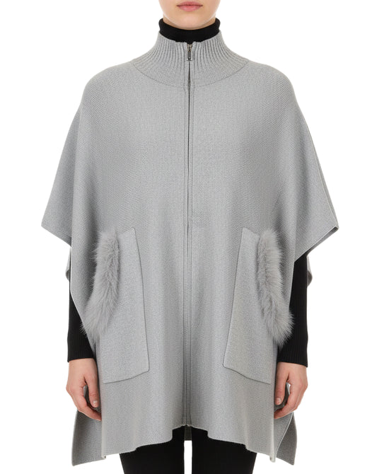 Solid Poncho w/ Fox Fur Trim Pockets view 