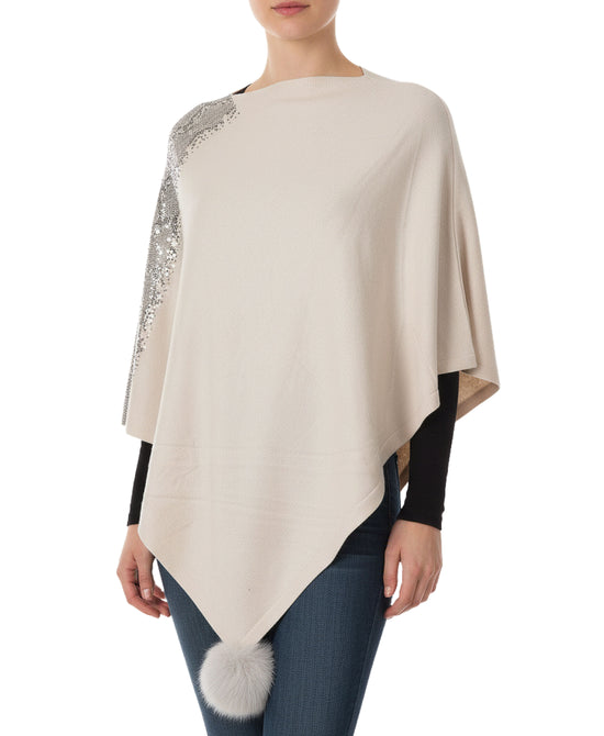 Knit Poncho w/ Rhinestones & Fox Fur Poms view 