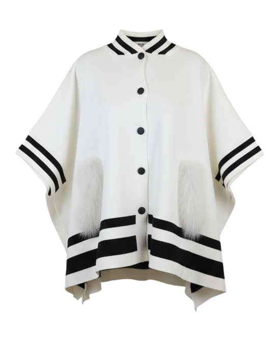 Striped Poncho w/ Fox Fur Trim Pockets view 
