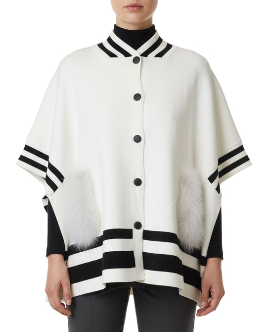 Striped Poncho w/ Fox Fur Trim Pockets view 