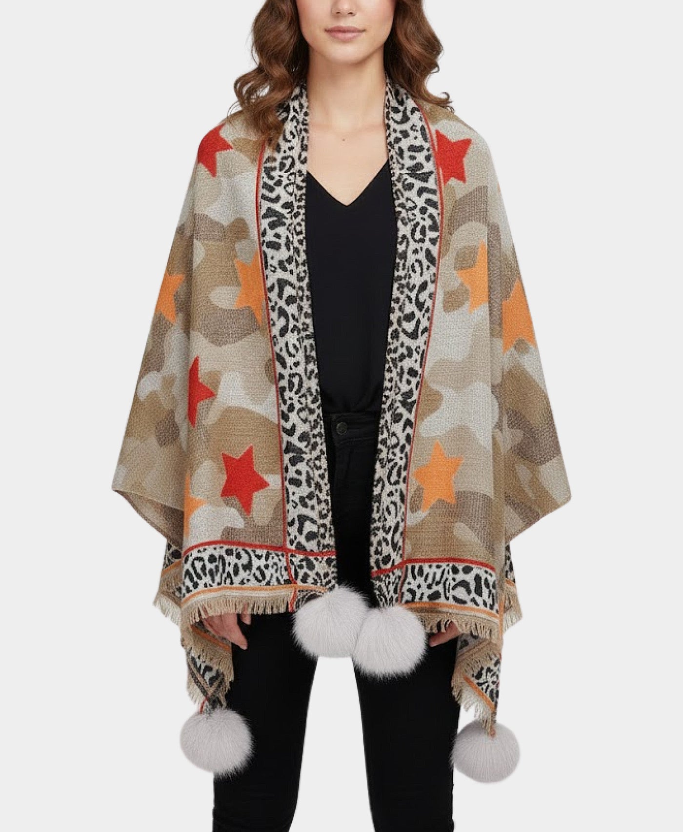 Multi Print Wrap/Scarf w/ Fur Poms view 1