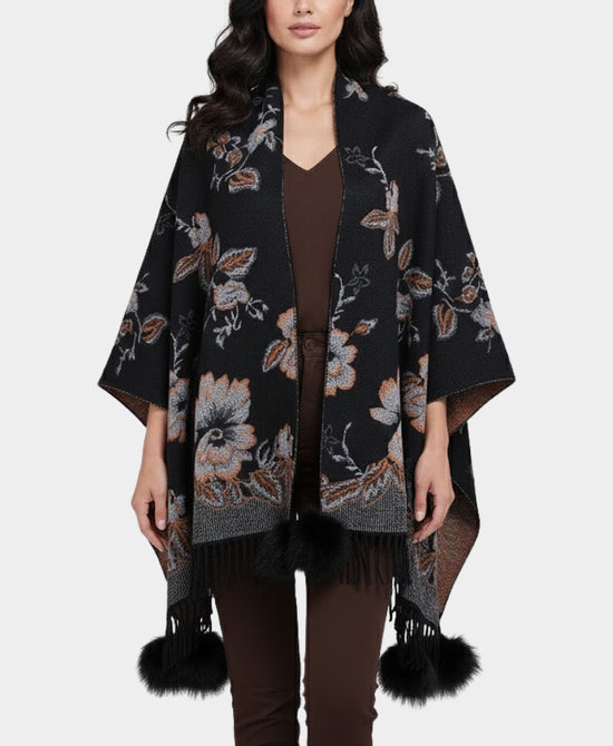 Floral Print Wrap/Scarf w/ Fur Poms view 