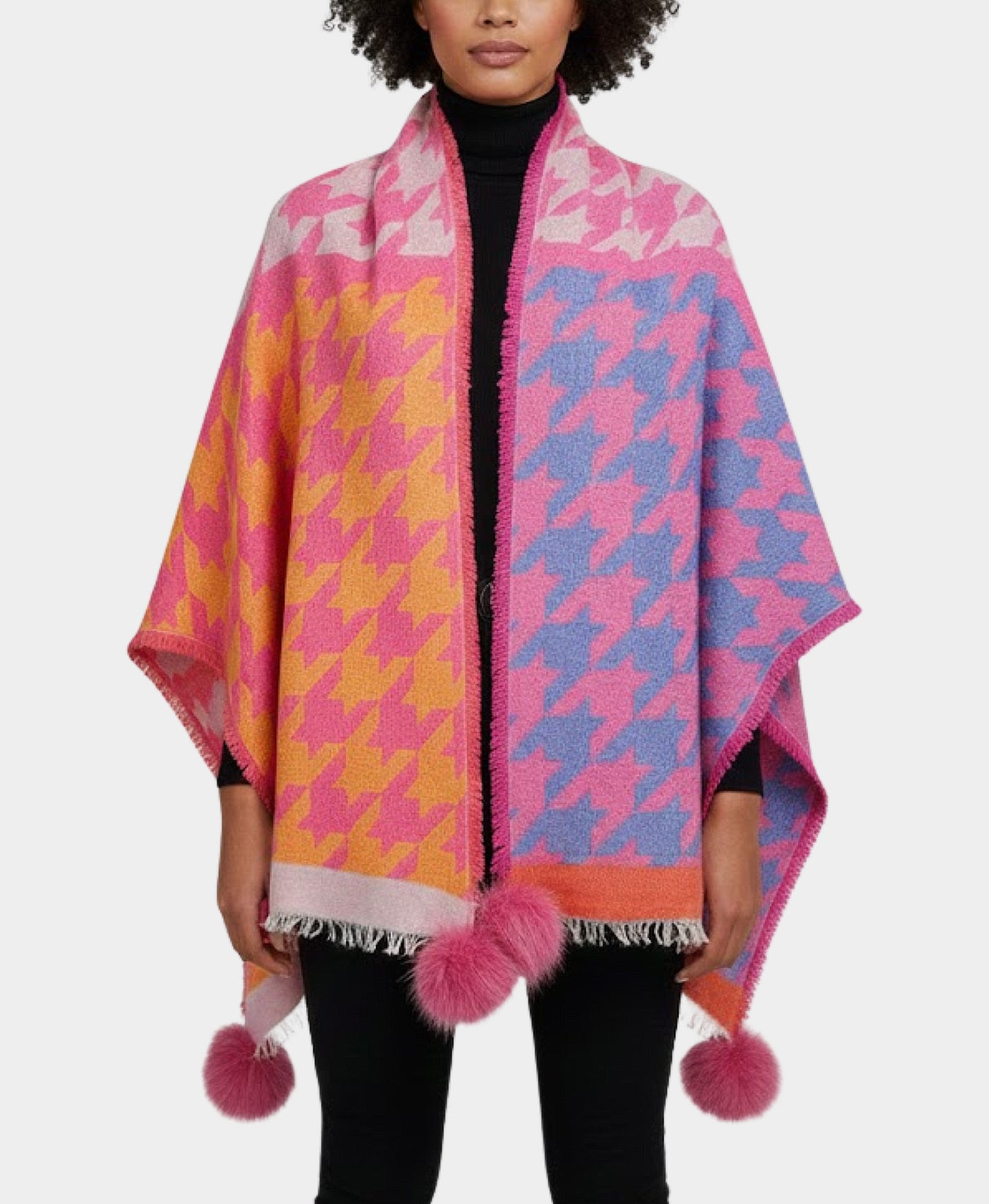 Houndstooth Print Wrap/Scarf w/ Fur Poms view 1
