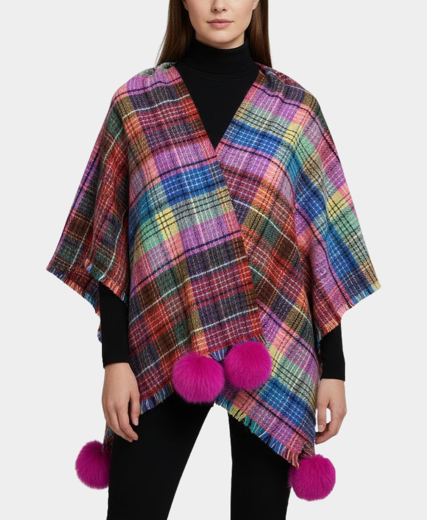 Plaid Wrap/Scarf w/ Fur Poms view 1
