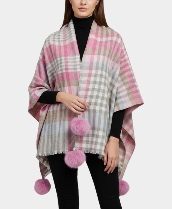 Plaid Wrap/Scarf w/ Fur Poms view 