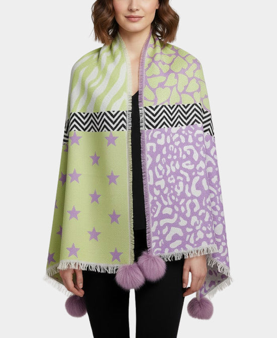 Zebra & Star Print Wrap/Scarf w/ Fur Poms view 