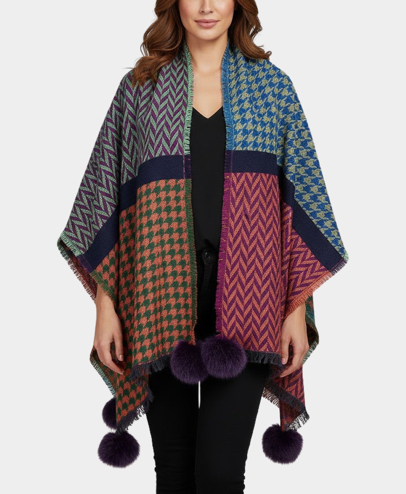 Zig Zag & Houndstooth Print Wrap/Scarf w/ Fur Poms view 1