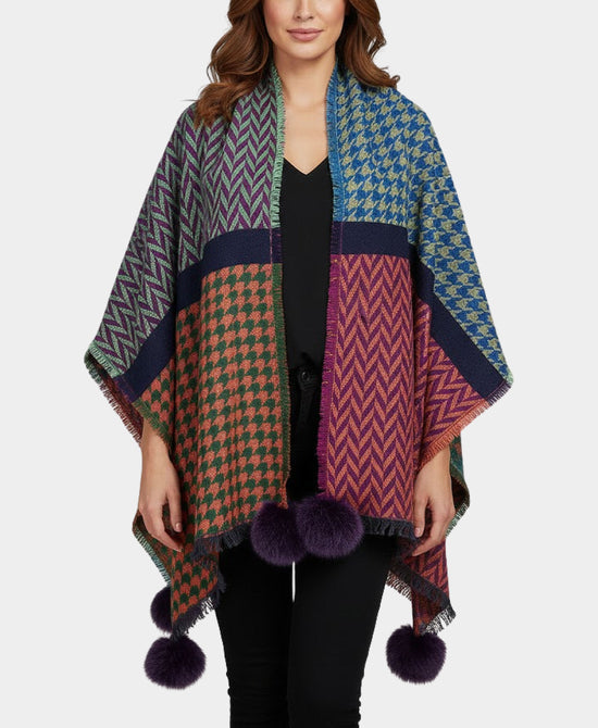 Zig Zag & Houndstooth Print Wrap/Scarf w/ Fur Poms view 