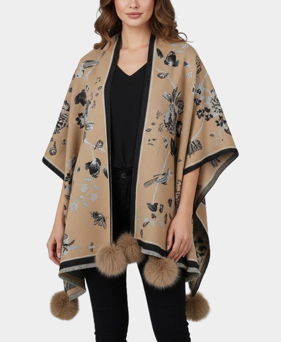 Floral Wrap/Scarf w/ Fur Poms view 