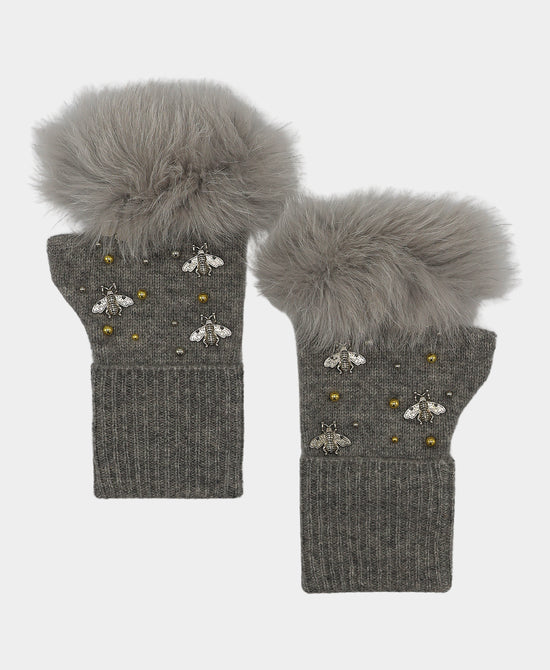 Embellished Knit Fingerless Gloves w/ Fur Pom view 
