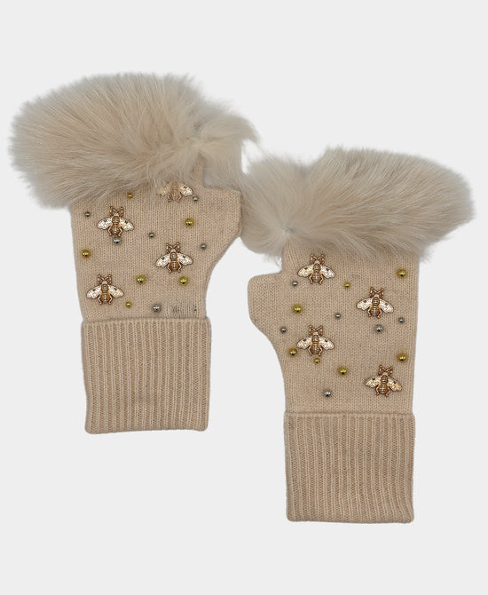 Embellished Knit Fingerless Gloves w/ Fur Pom view 