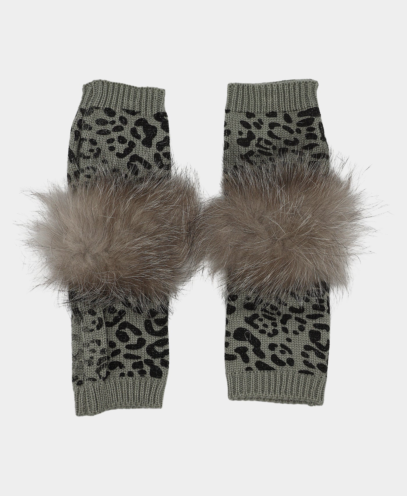 Leopard Knit Fingerless Gloves w/ Fur Pom view 1