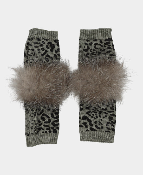 Leopard Knit Fingerless Gloves w/ Fur Pom view 