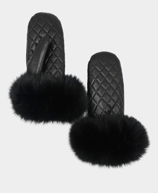 Quilted Leather Mittens w/ Fox Trim view 