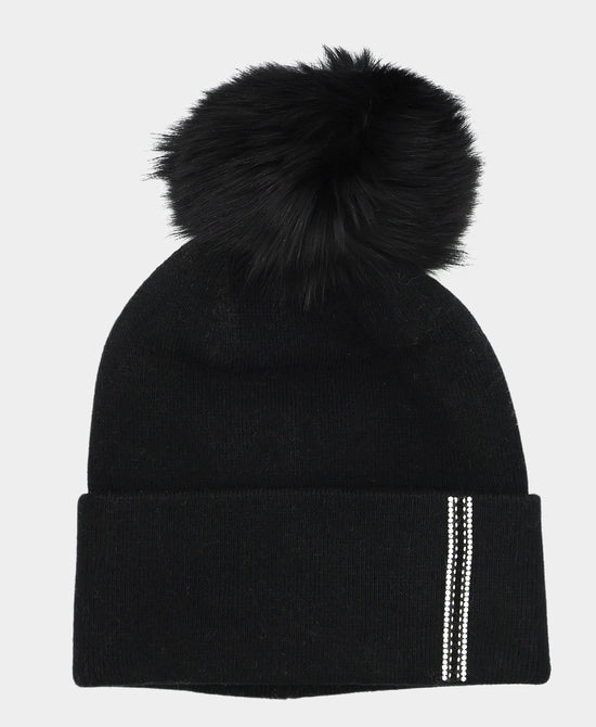 Crystal Stripe Hat w/ Fur Pom view 
