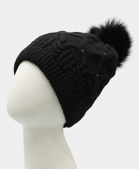 Knit Crystal Beanie w/ Fox Fur Pom view 