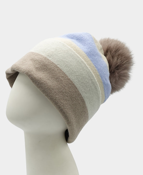 Striped Hat w/ Fox Fur Pom view 