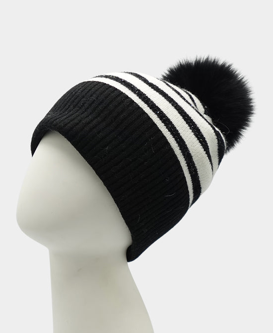 Striped Crystal Hat w/ Fox Fur Pom view 