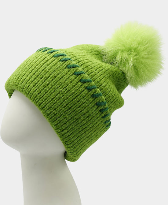 Knit Beanie w/ Fox Fur Pom view 