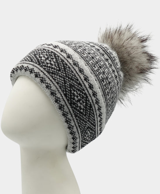 Printed Hat w/ Fox Fur Pom view 