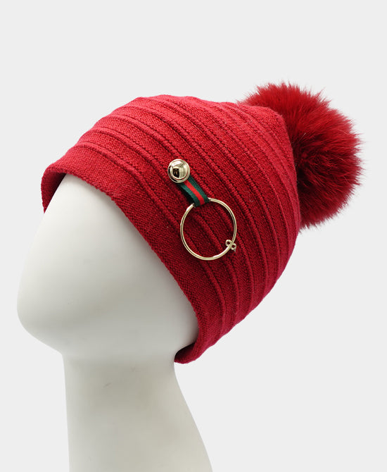 Knit Hat w/ Fox Fur Pom & Metal Detail view 