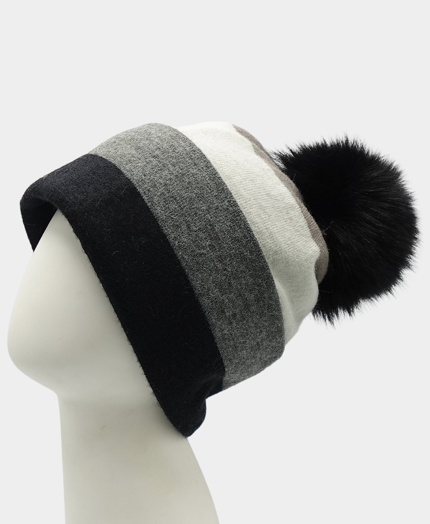 Striped Hat w/ Fox Fur Pom view 1