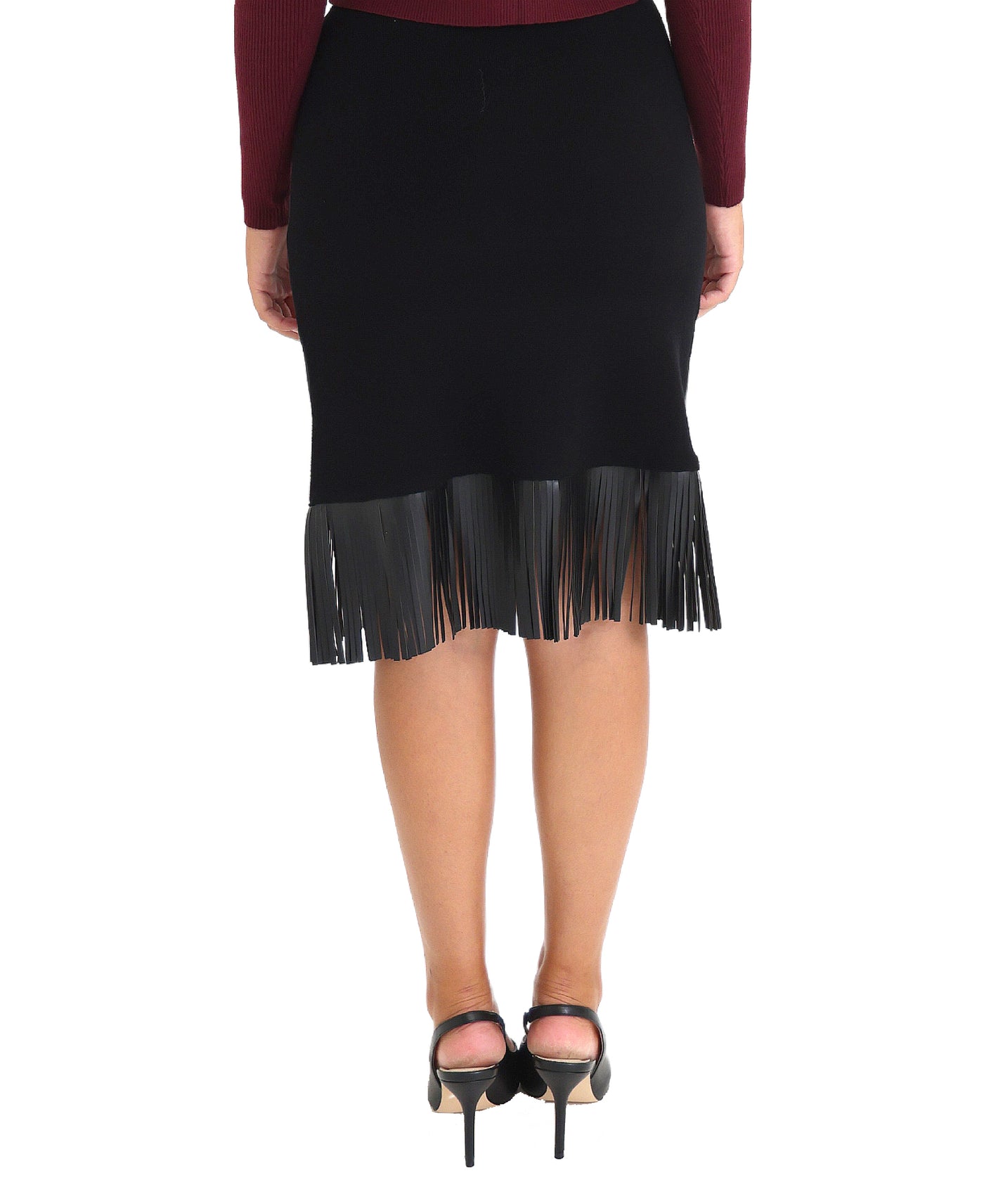 Faux Leather Pencil Skirt w/ Fringe Trim view 2