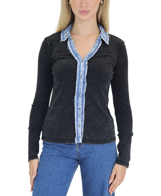 Mineral Wash Top w/ Denim Trim view 