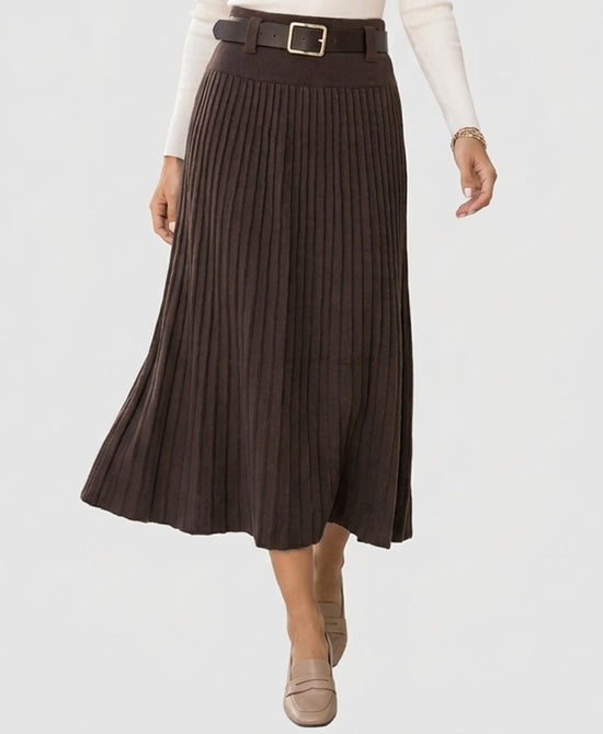 
Knit Pleated Maxi Skirt w/ Belt in BROWN view 1